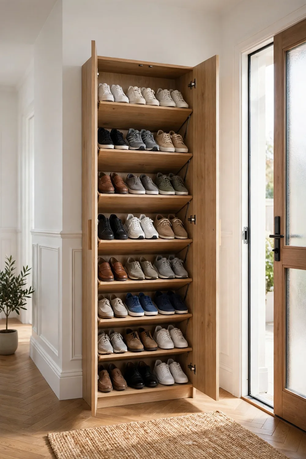 An entryway shoe storage cabinet