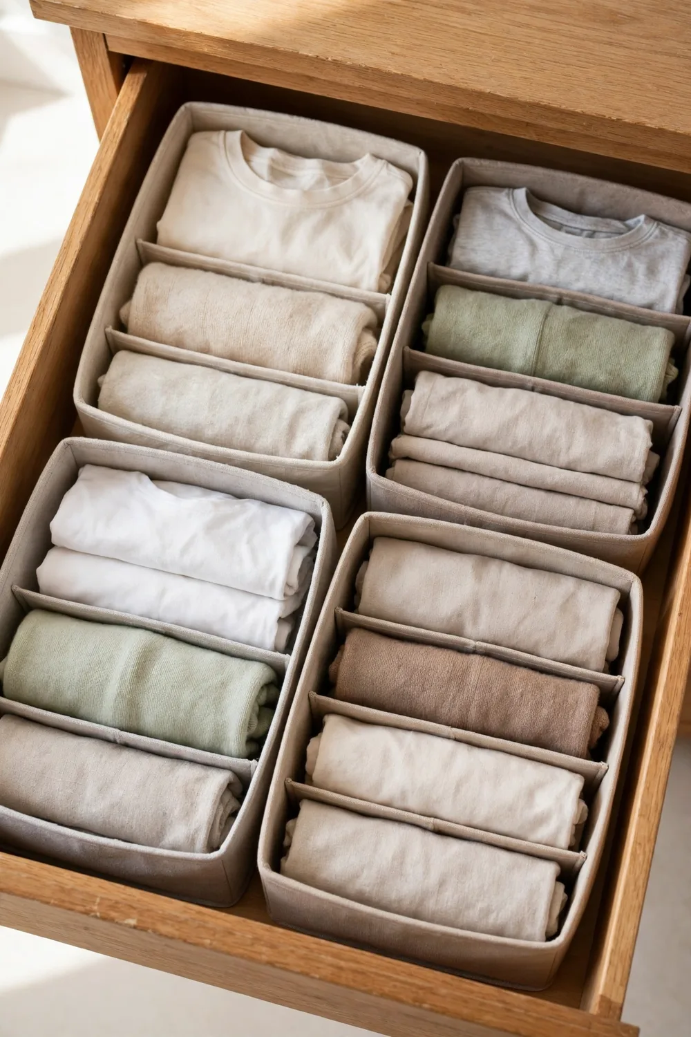 Fabric drawer organizer boxes with folded clothes