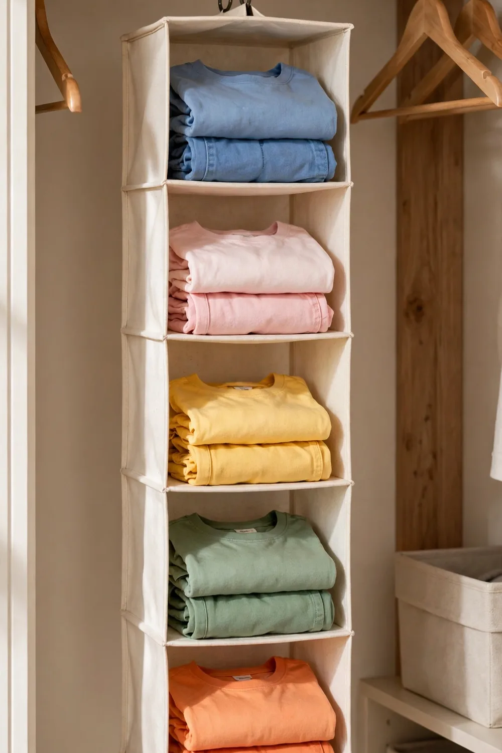 A hanging weekly clothes organizer with kids outfits