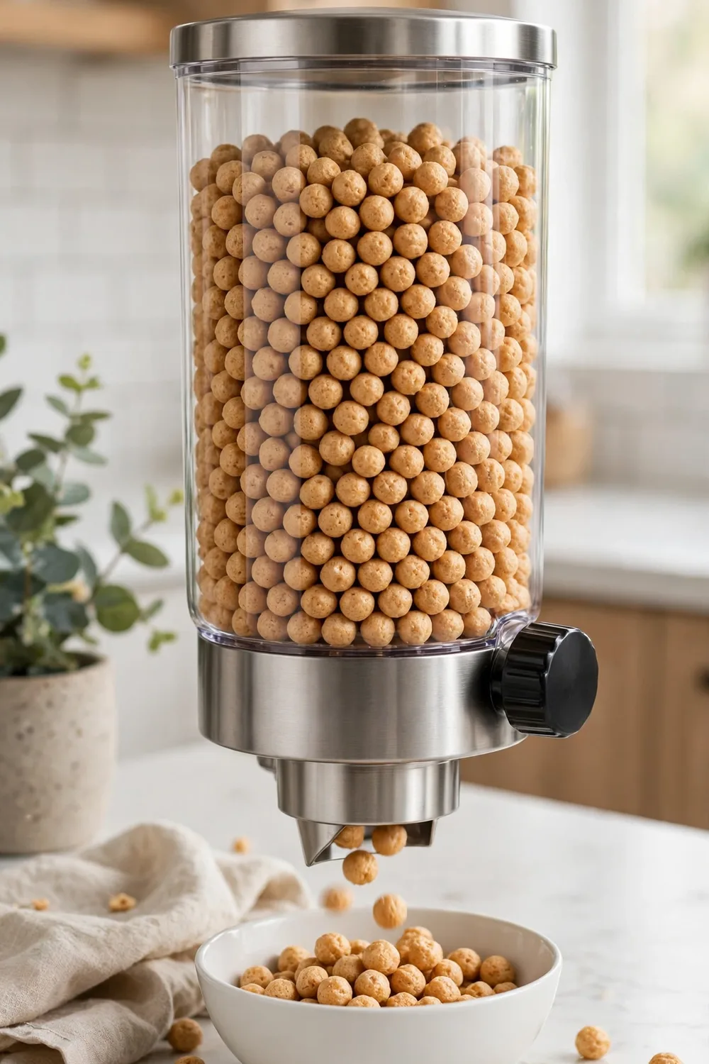 A countertop cereal dispenser over a bowl