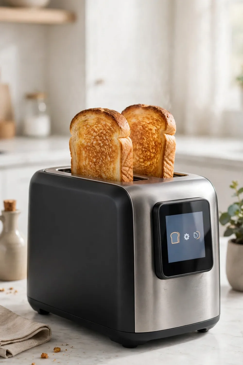 A smart toaster with a touchscreen panel