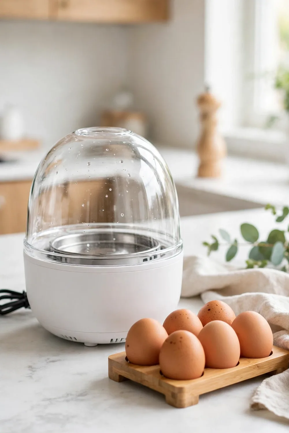 An electric egg cooker with eggs
