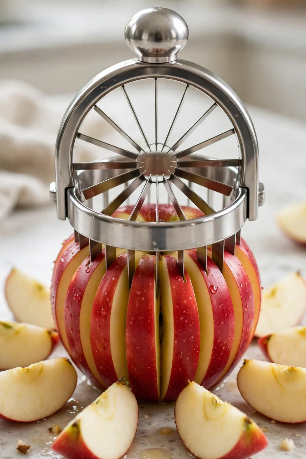 A 16-slice apple slicer pressed over an apple
