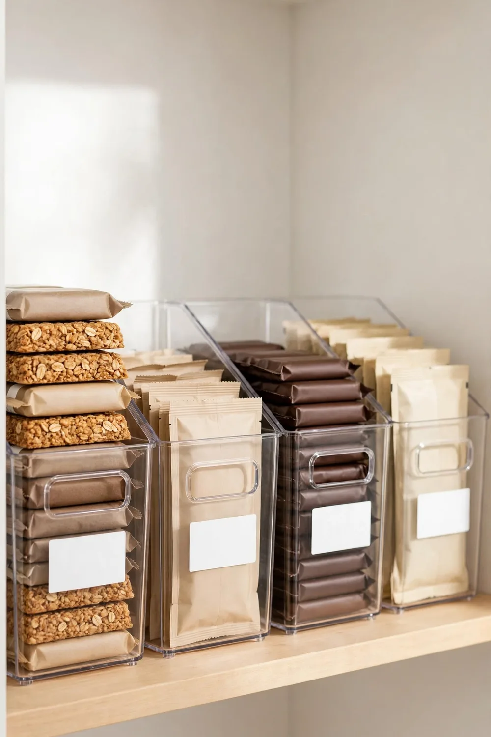 Clear pantry organizer bins with snacks