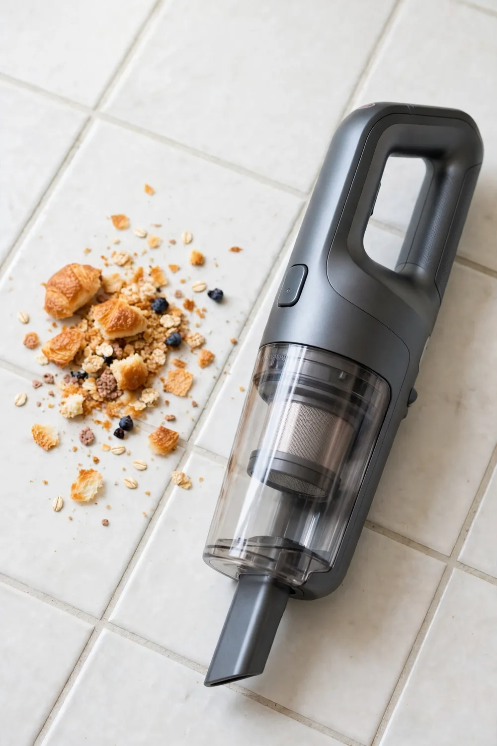 A cordless handheld vacuum near crumbs