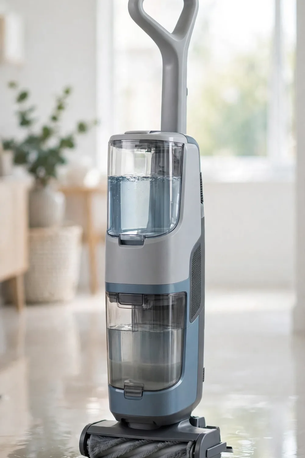 A wet and dry vacuum-mop on a hard floor