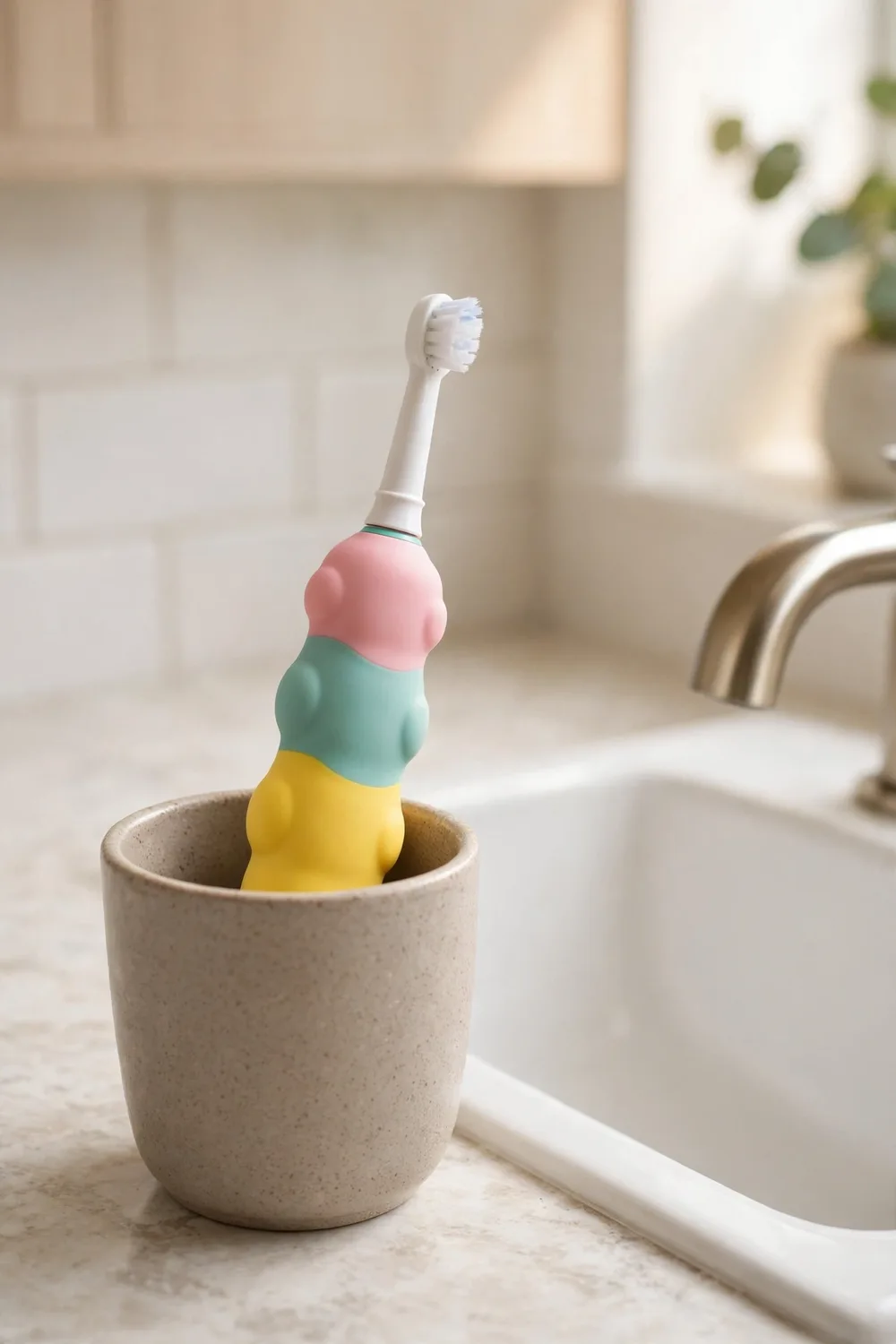 A kids electric toothbrush in a bathroom cup