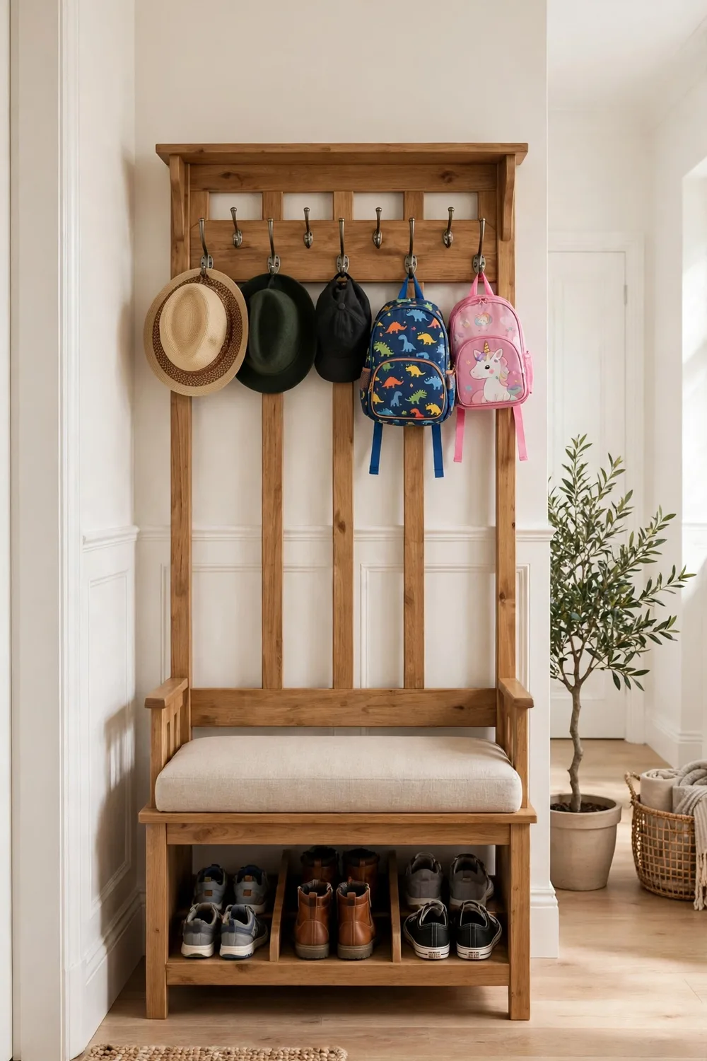 An entryway hall tree with bench and hooks