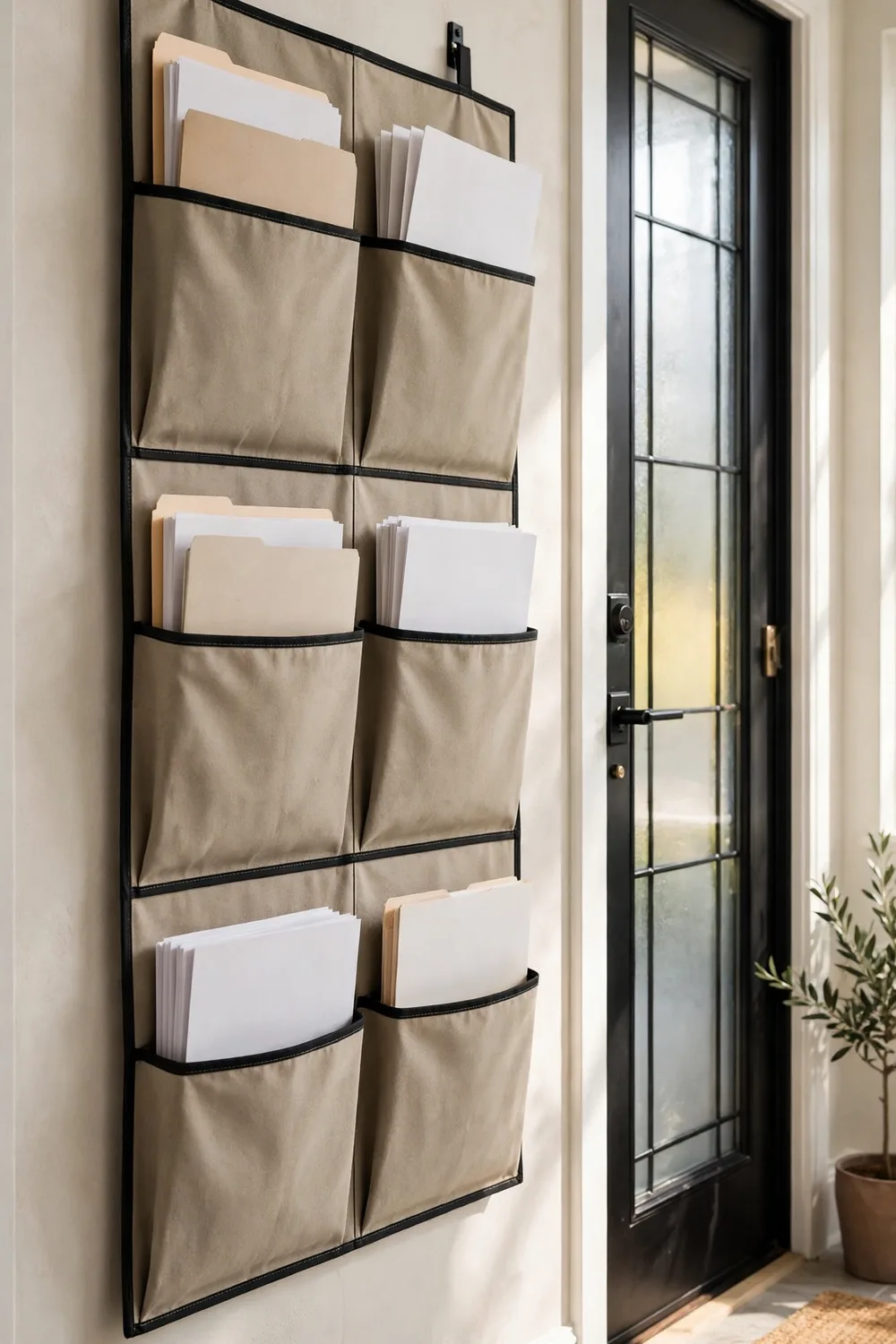 A wall-mounted document organizer with folders
