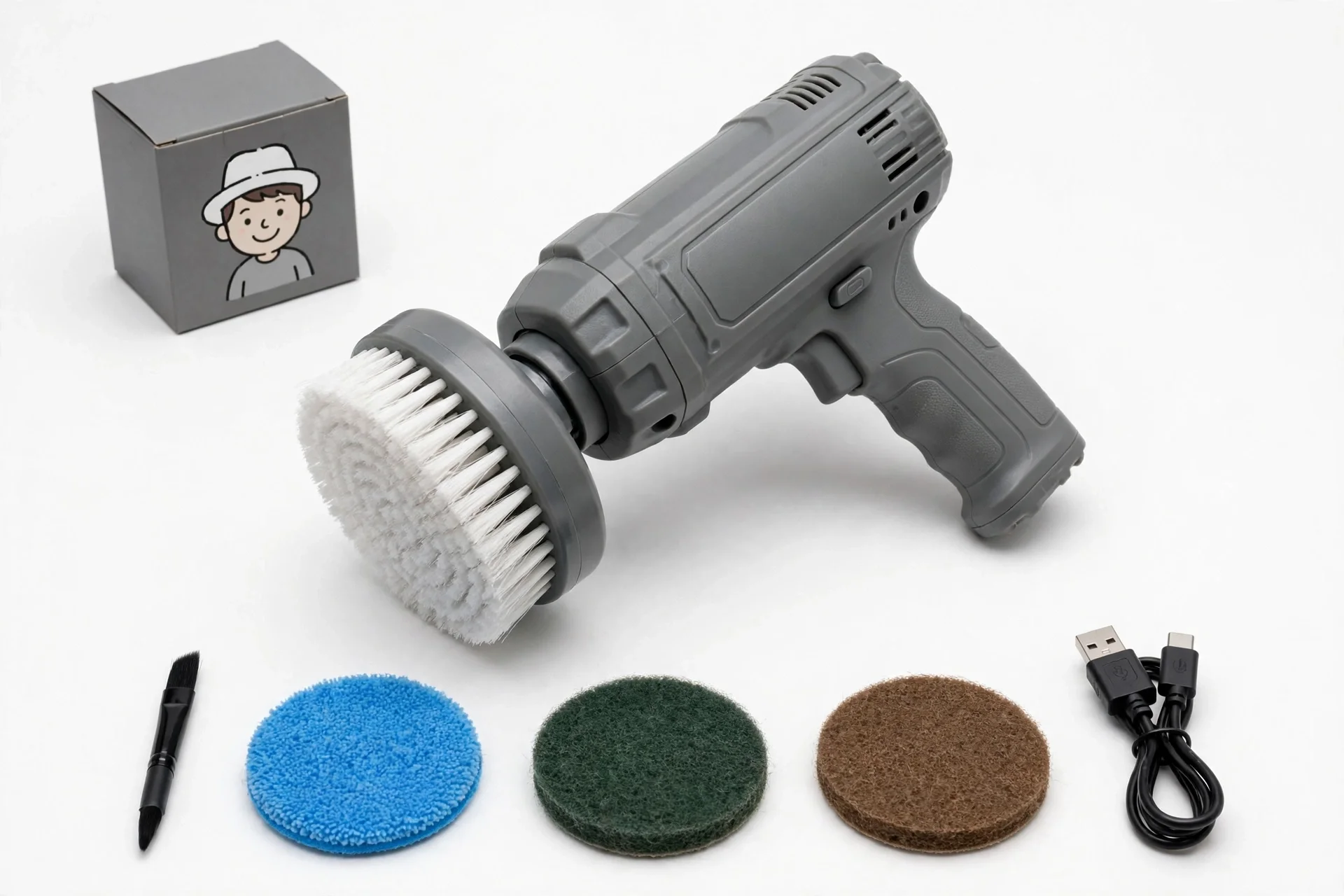 Chunky grey pistol-grip handheld scrubber with a large round white brush head, grey cartoon box and coloured pads and cable
