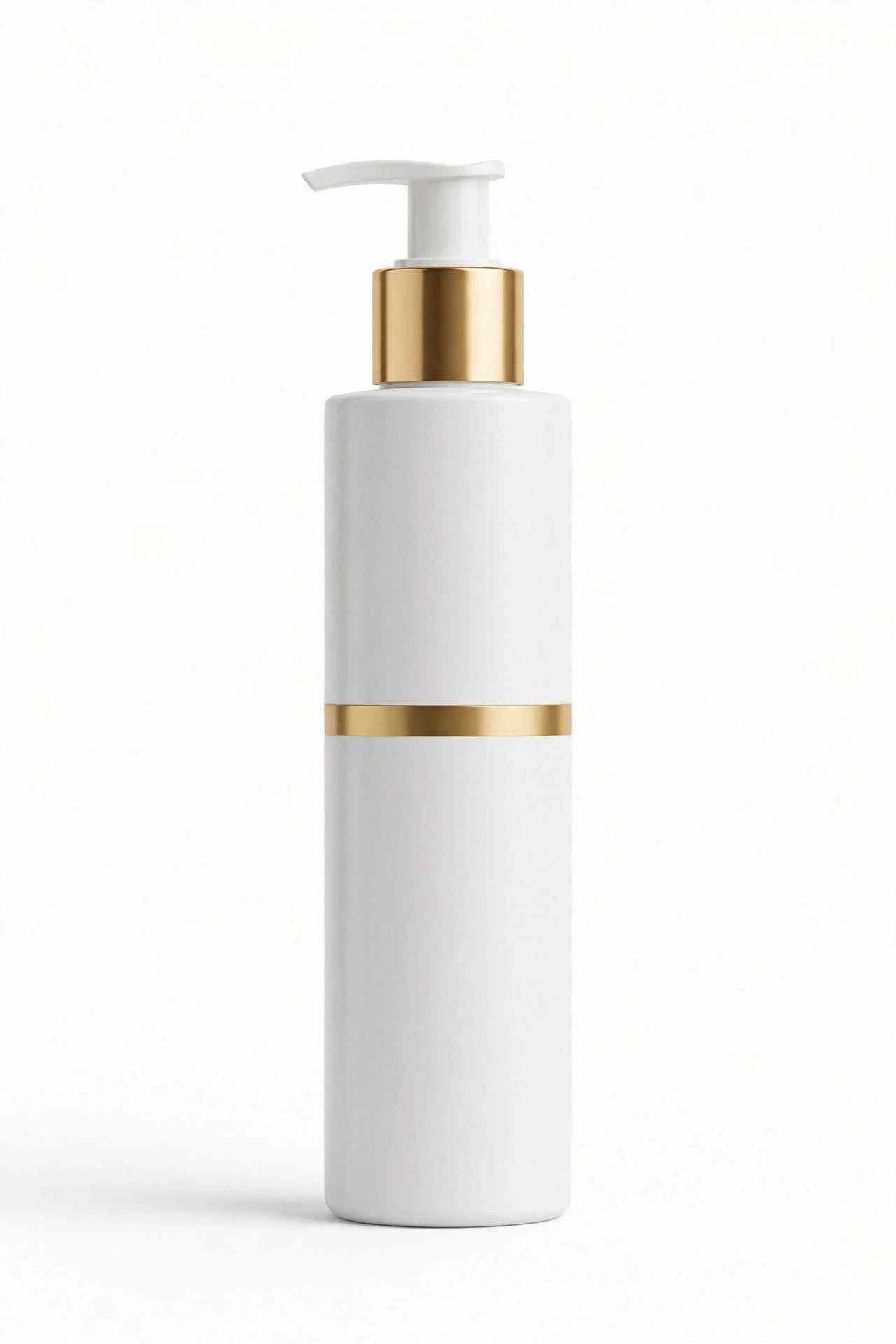 Tall white pump bottle with a gold ring at the pump and a plain gold band, on a white background