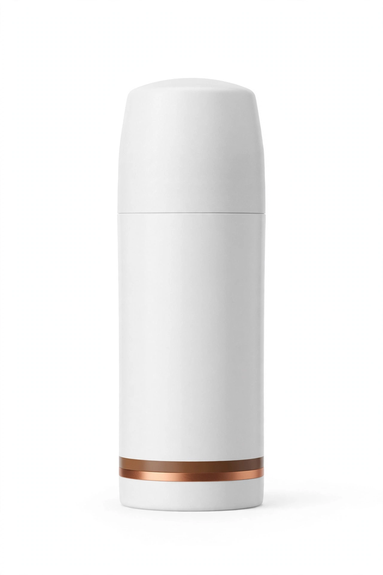 Upright white deodorant container with a plain brown and copper band near the base, on a white background