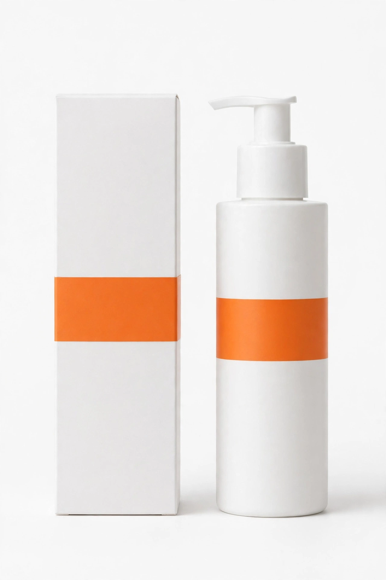 White product box and white pump bottle with a plain orange band, on a white background