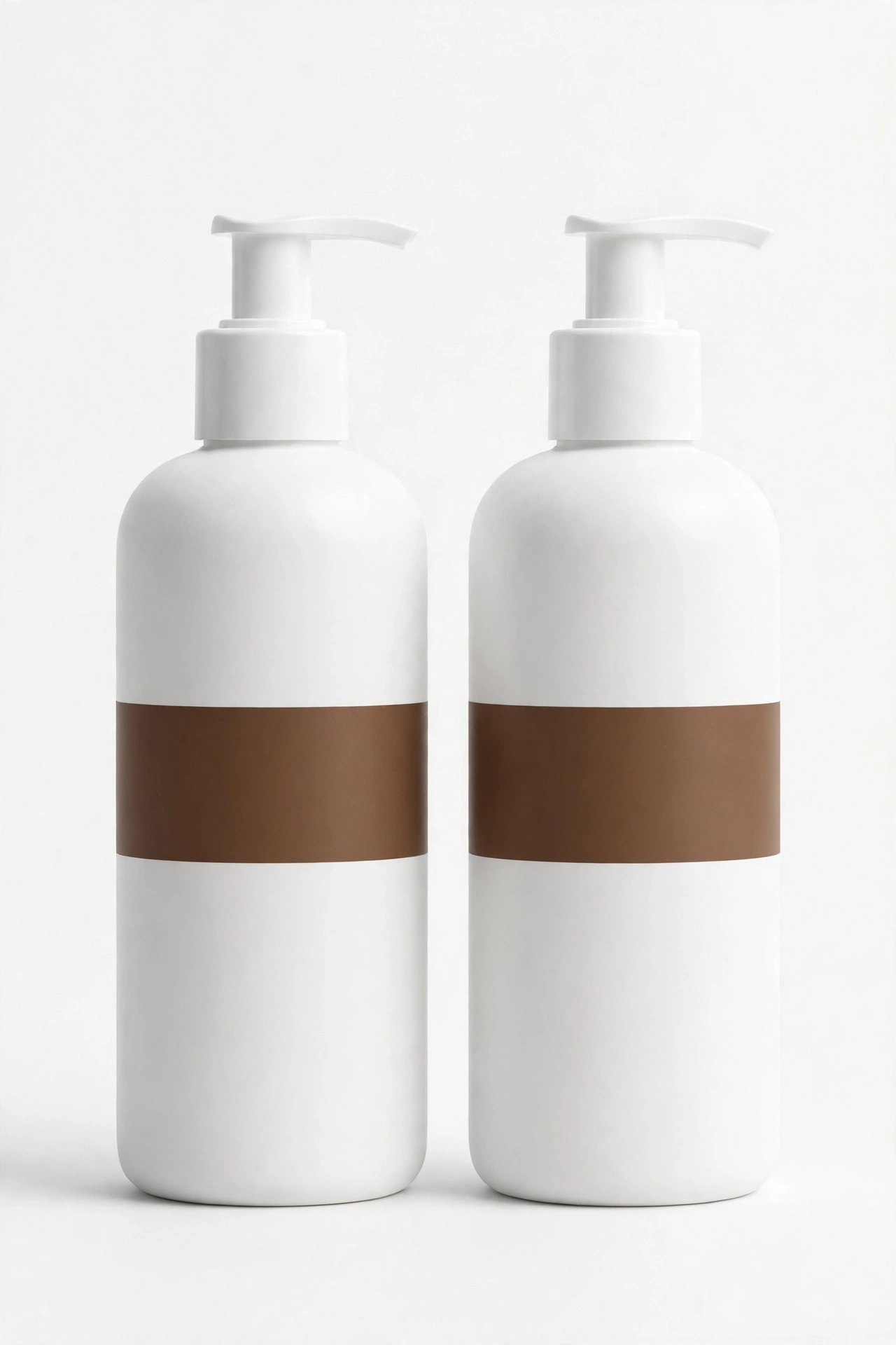 Two matching white pump bottles with a plain brown band, side by side on a white background