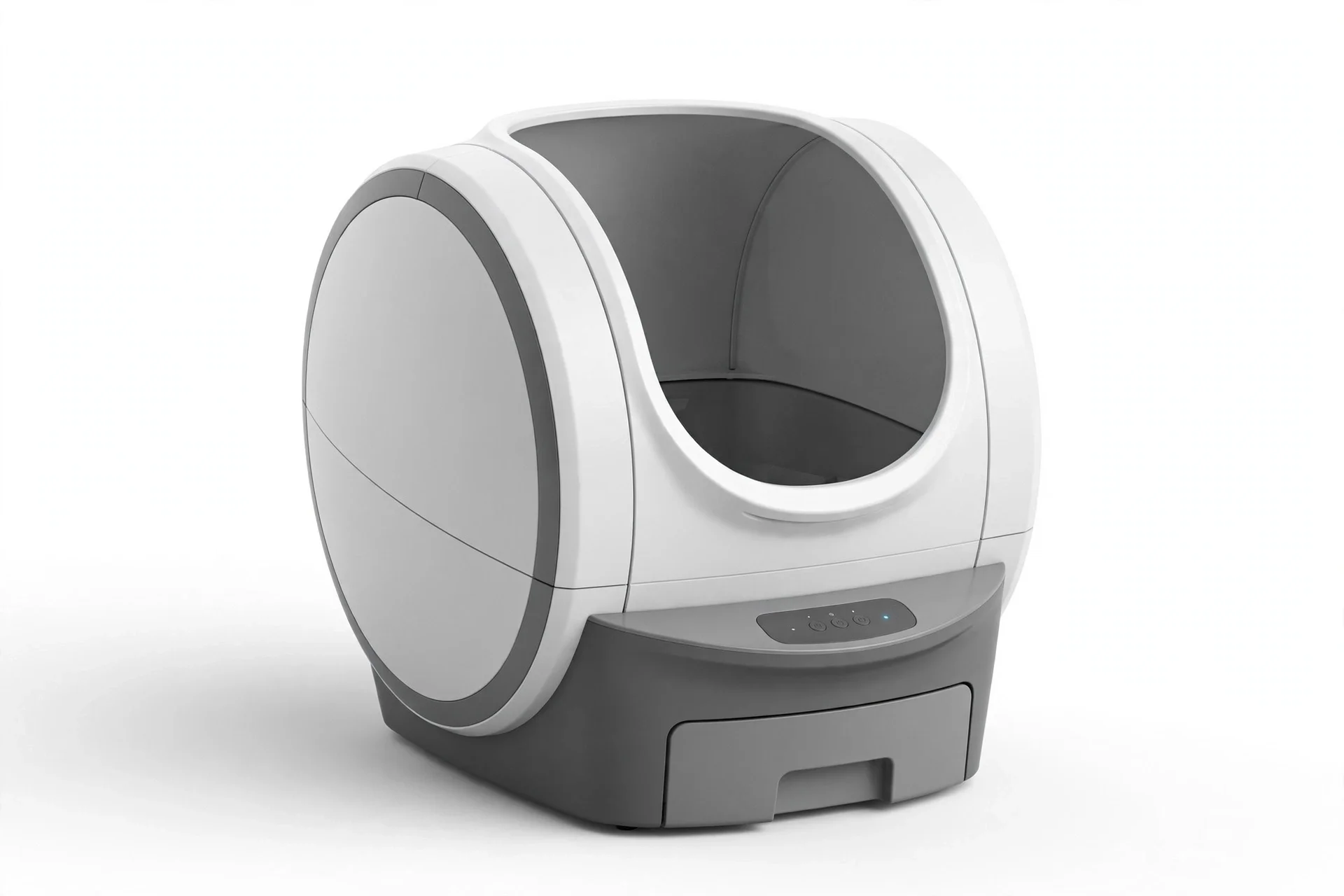 Modern open-top self-cleaning cat litter box in white and gray with a rounded drum shape