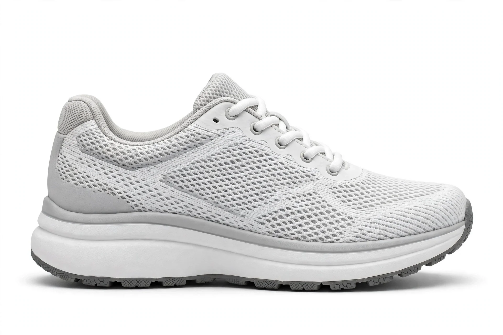 White and light grey mesh walking shoe with a thick cushioned midsole