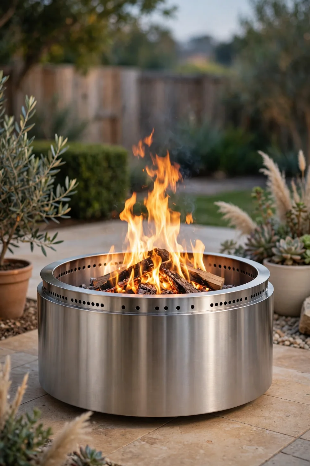 Smokeless stainless steel fire pit burning in a backyard