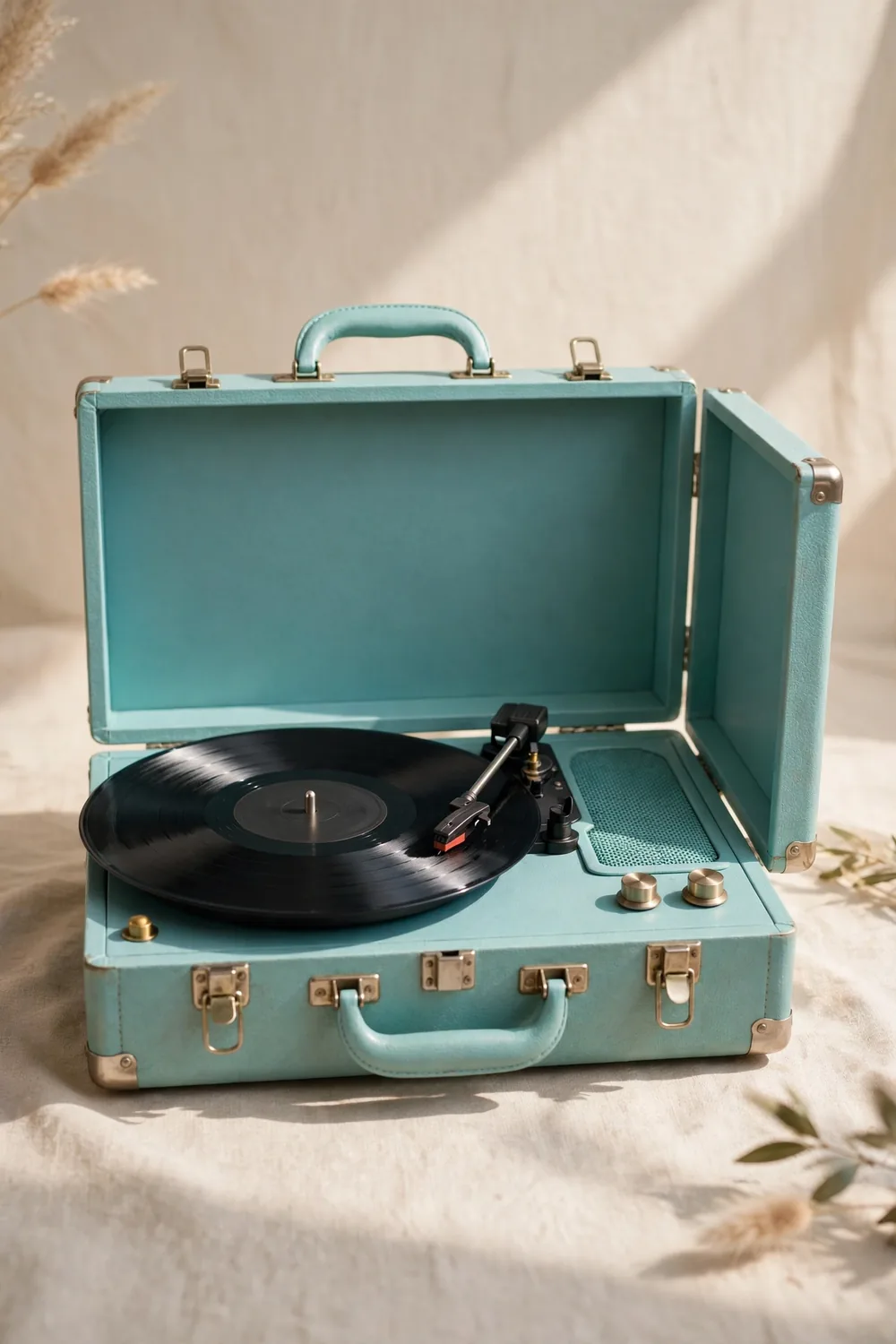 Victrola vintage suitcase record player in turquoise