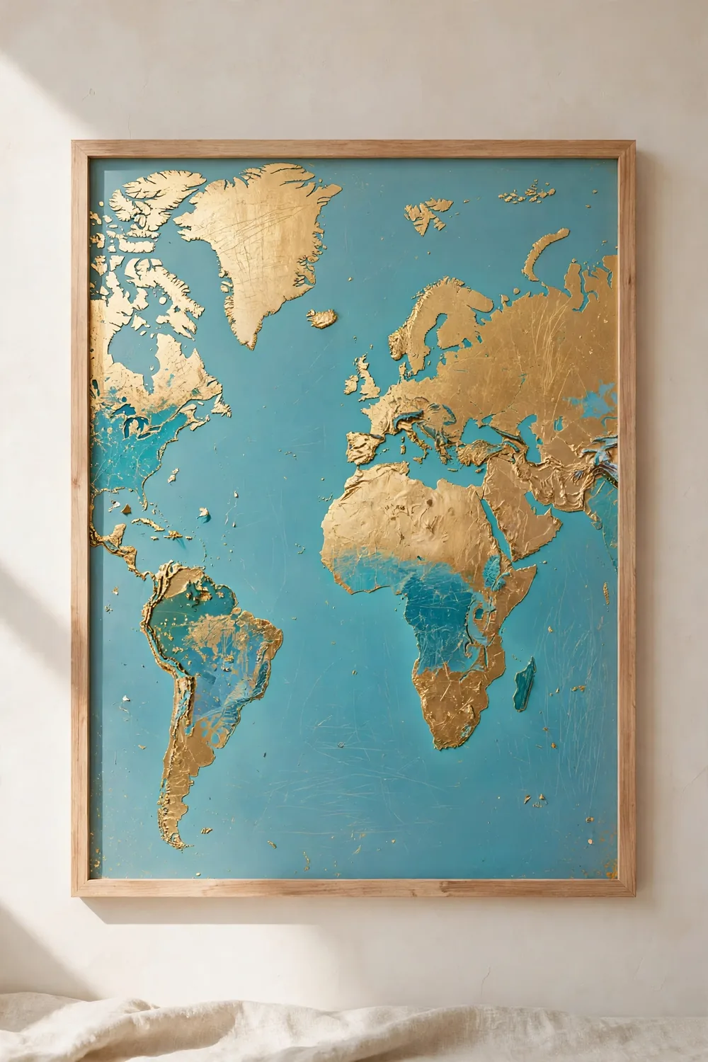 Scratch-off world map poster framed on a wall