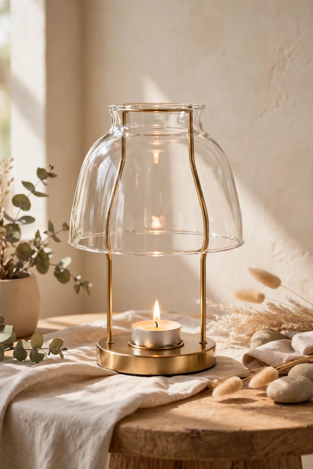 Glass candle warmer lamp glowing over a candle