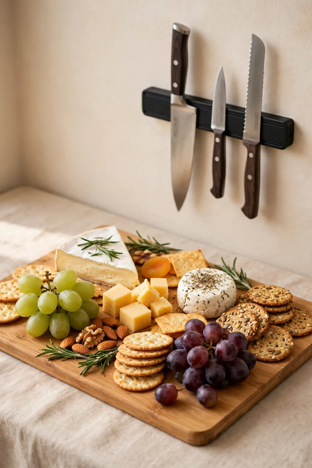SMIRLY bamboo charcuterie board set with cheese and grapes