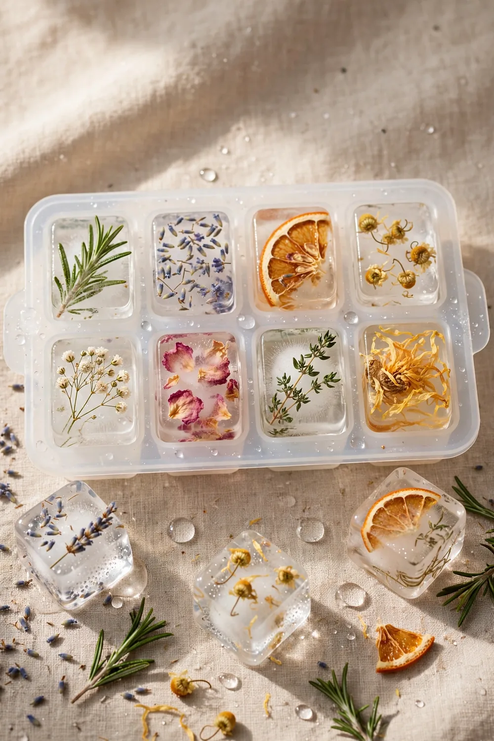 Clear decorative ice cubes made with a design tray