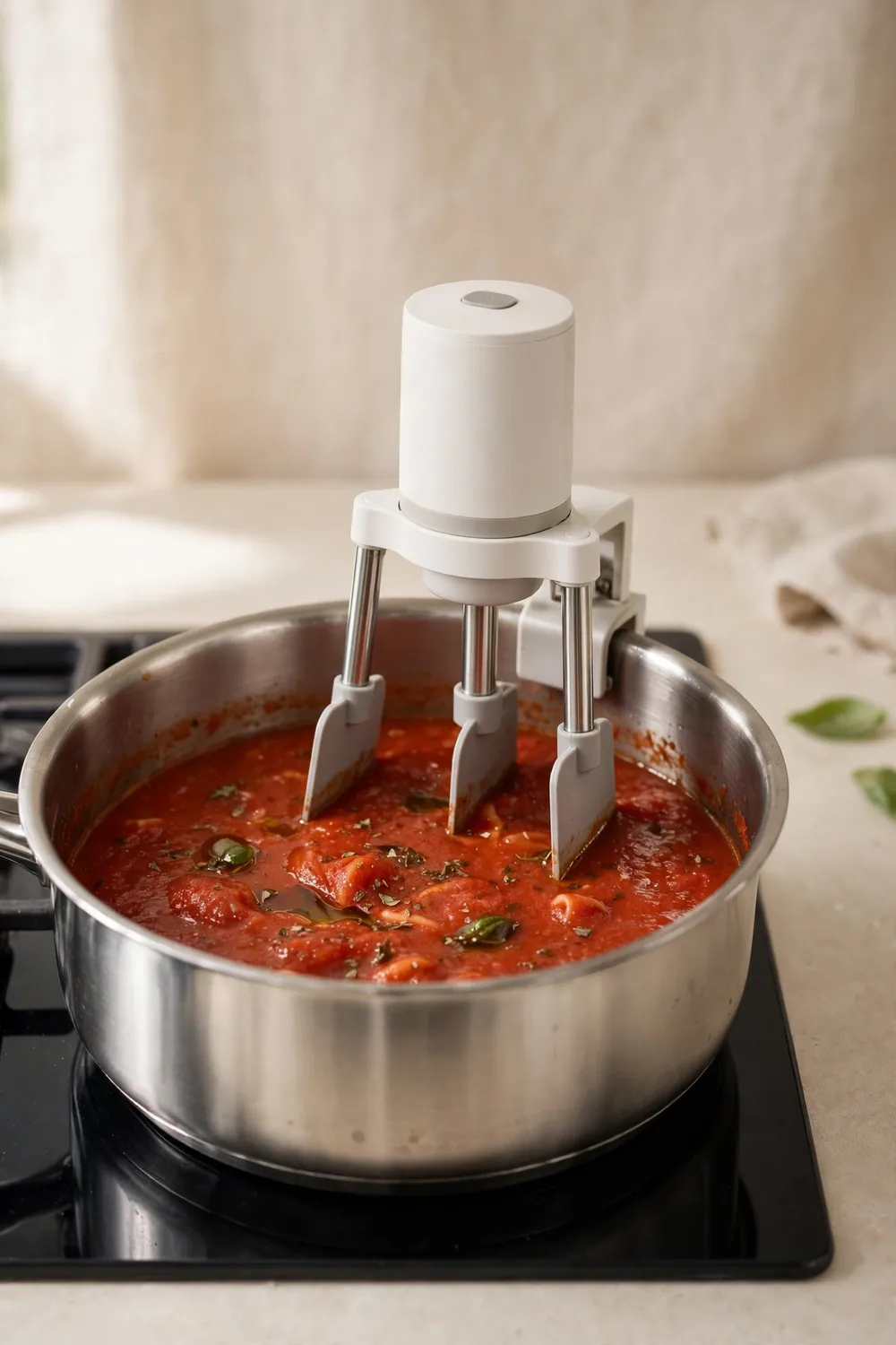 Automatic pan stirrer in a pot of sauce