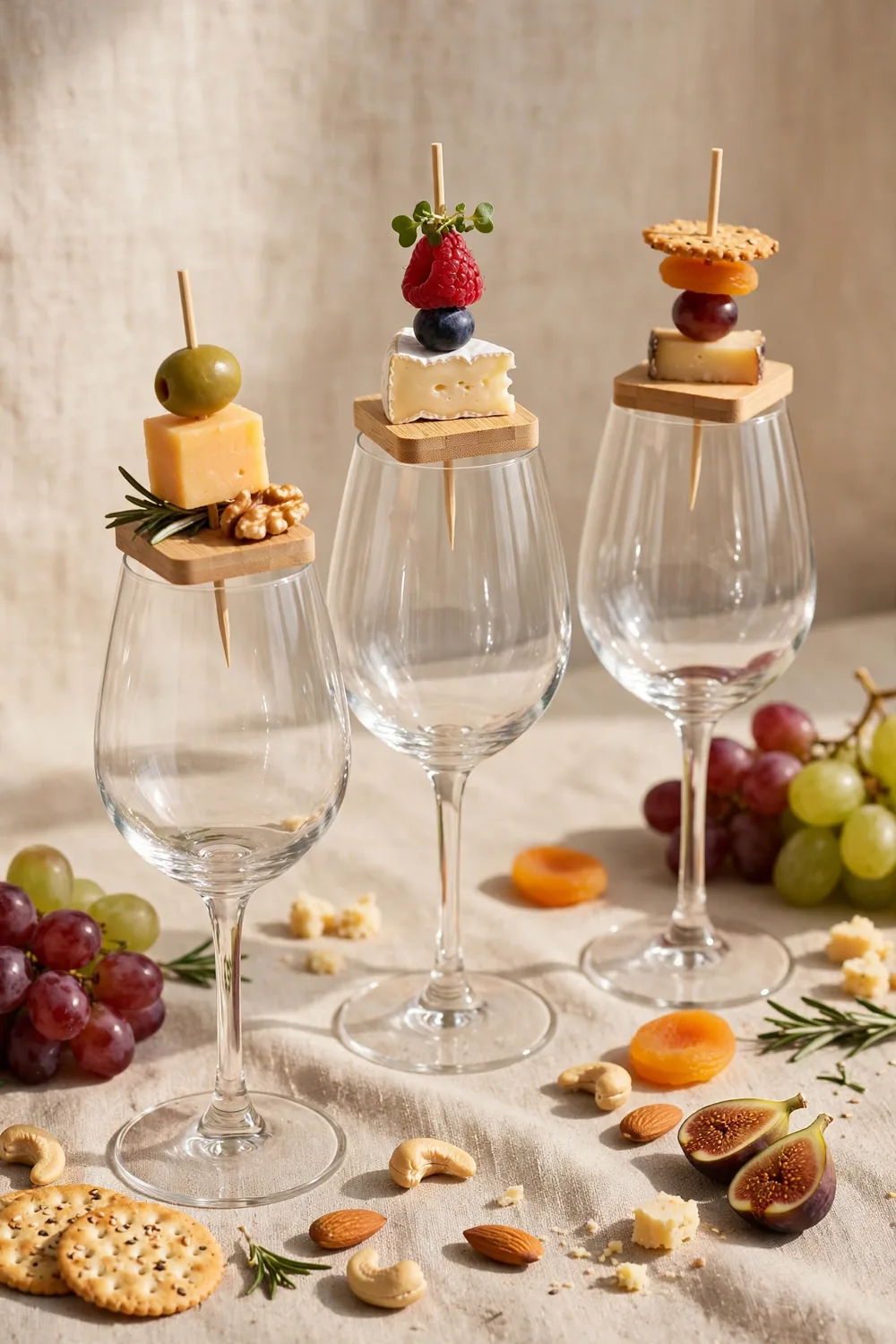 Bamboo charcuterie toppers on wine glasses