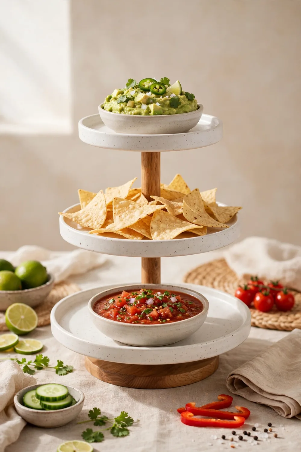 Tiered chip and dip serving set with stand