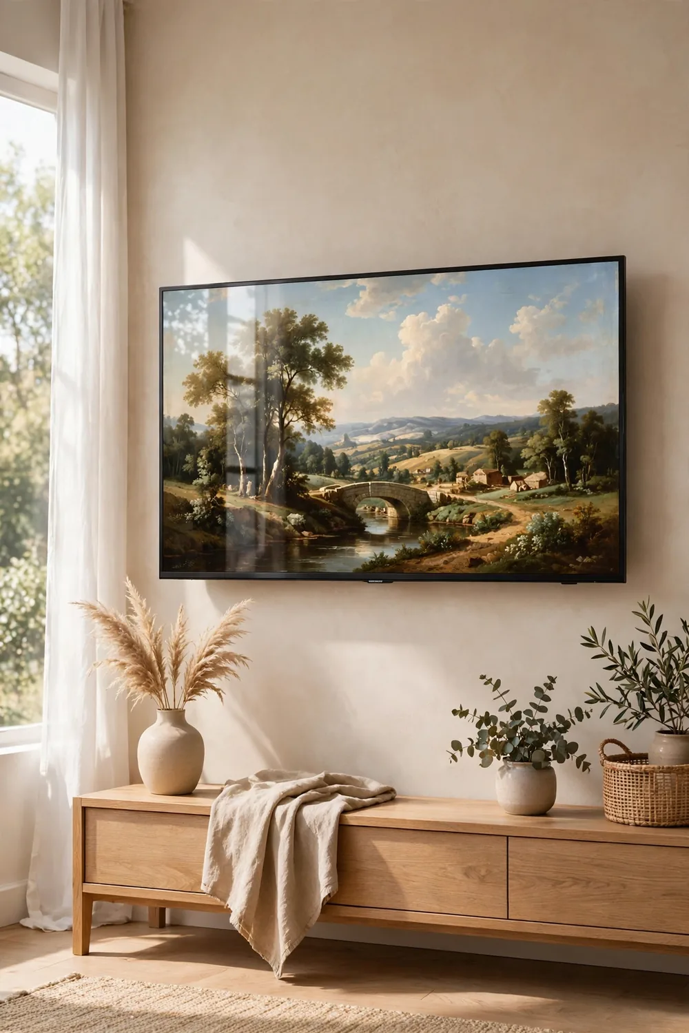 Television displaying classic framed art in a living room
