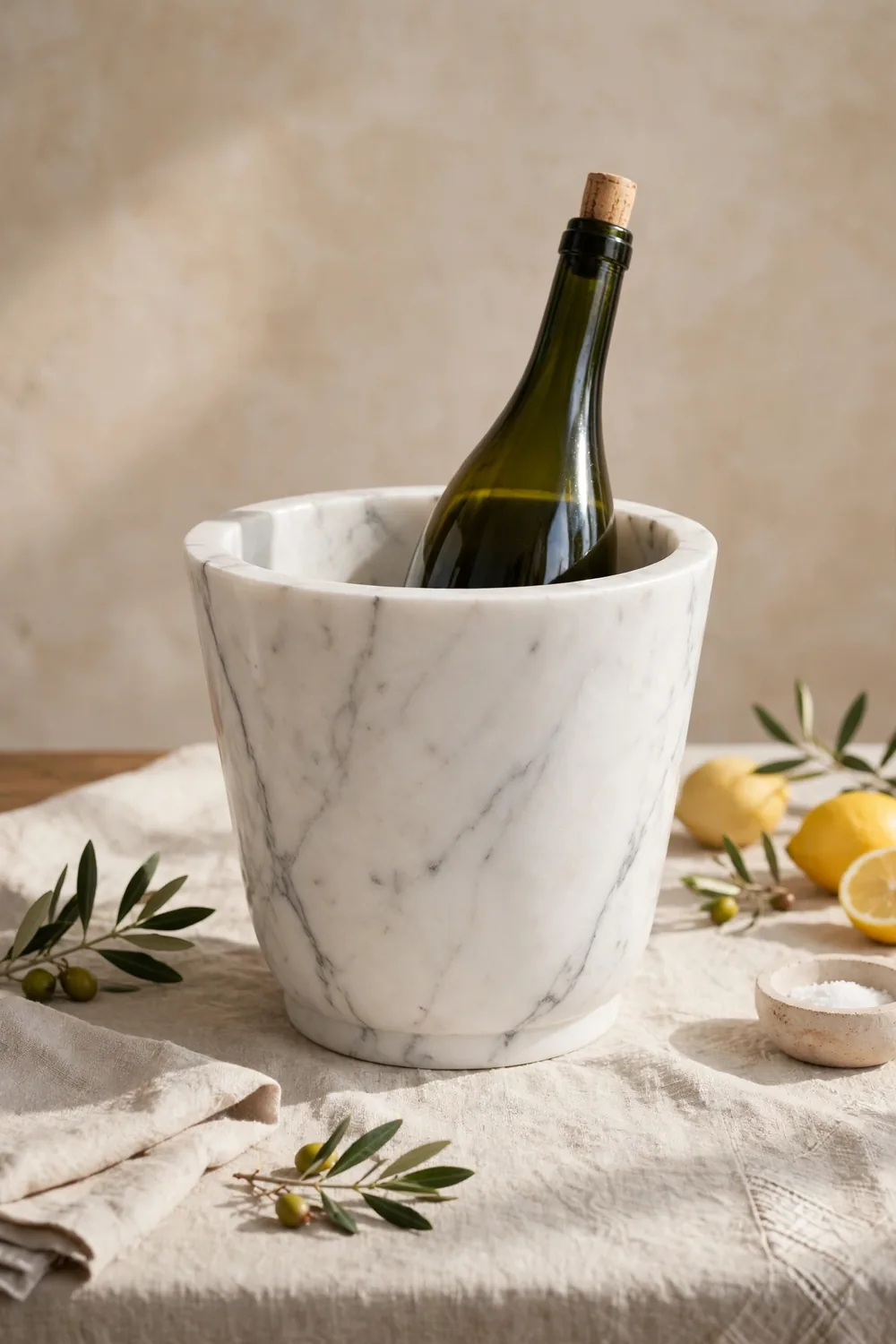 White marble wine chiller bucket with a bottle