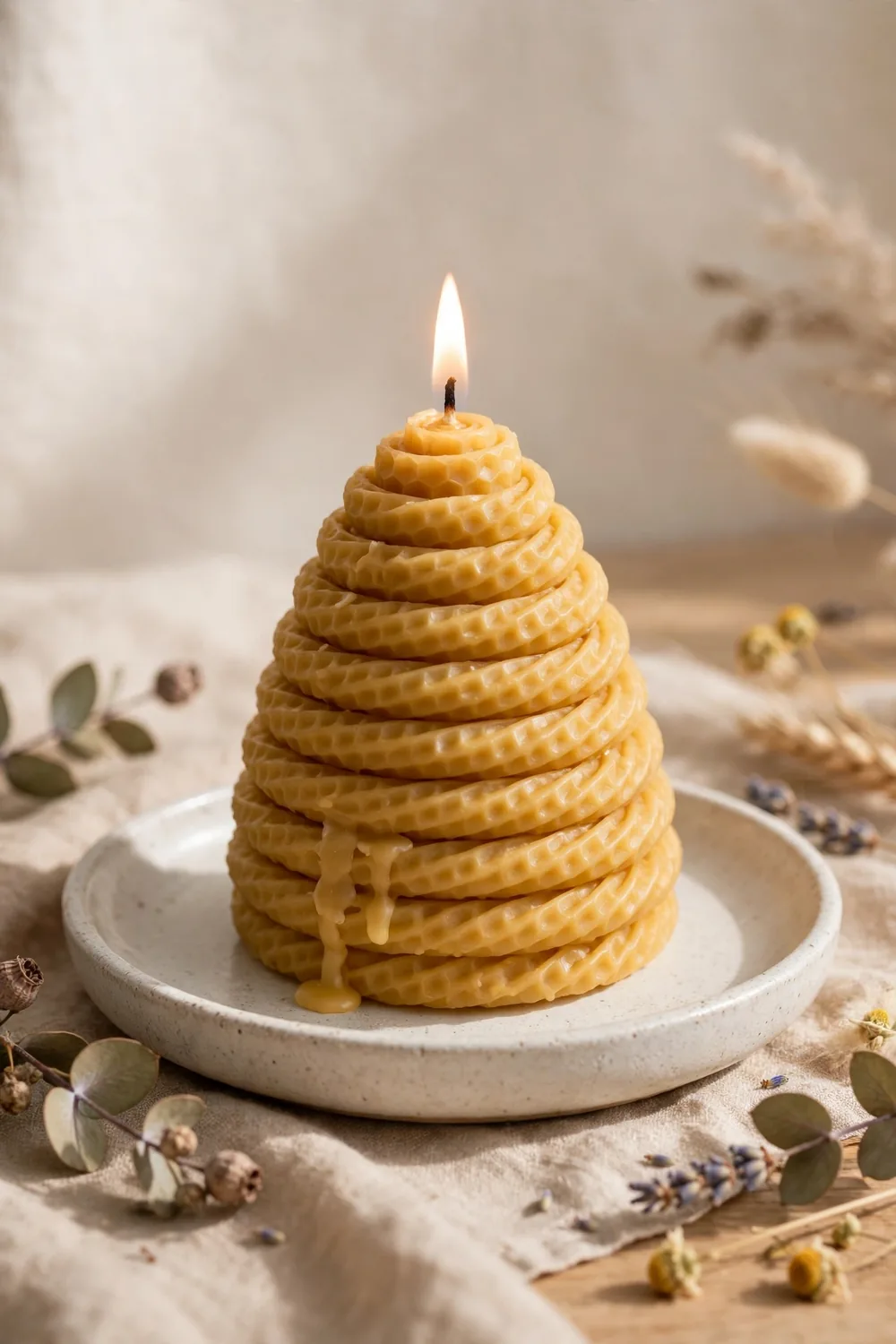 Beehive coil beeswax candle burning