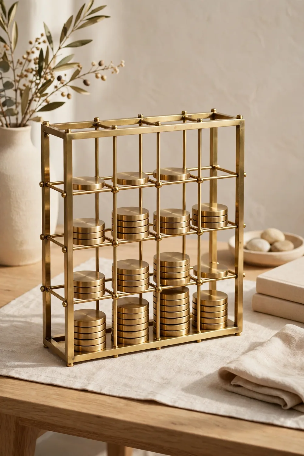 Umbra STAX brass four-in-a-row game on a side table