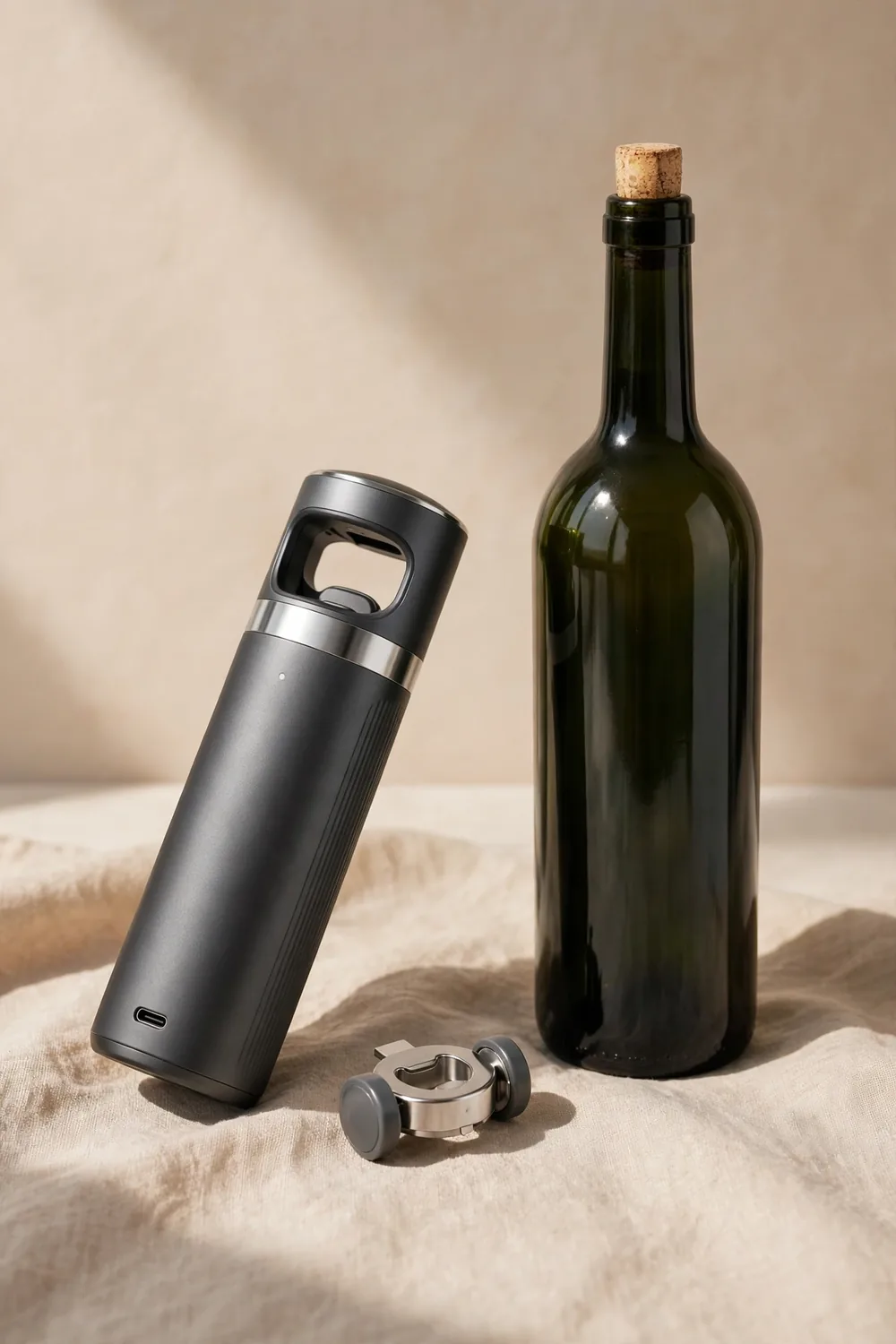 Rechargeable electric wine bottle opener beside a bottle