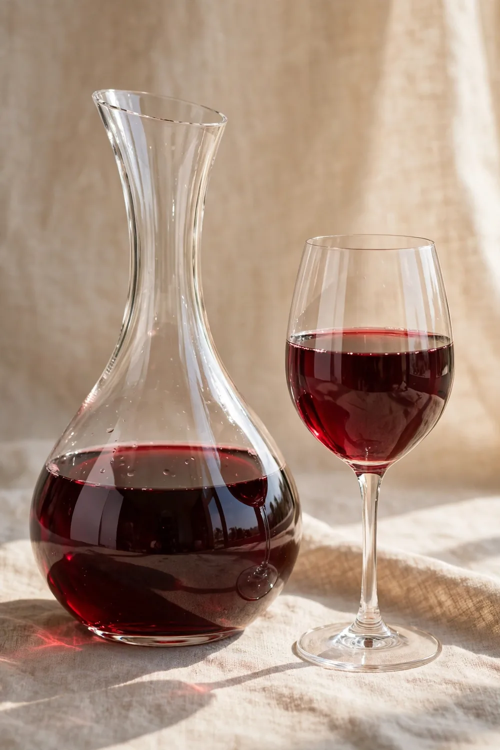 Glass wine decanter with red wine beside a glass