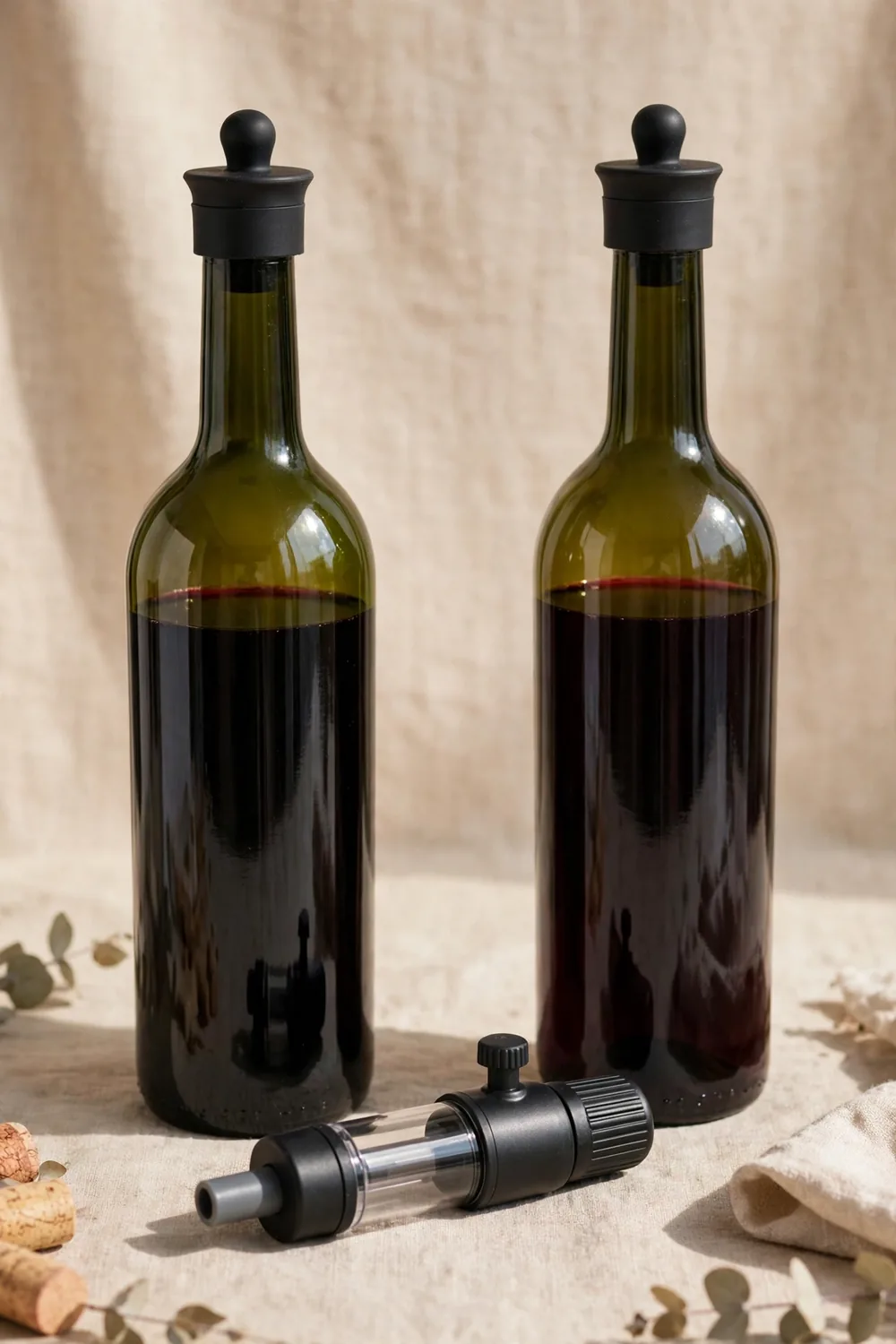 Vacuum wine saver pump and stoppers on wine bottles