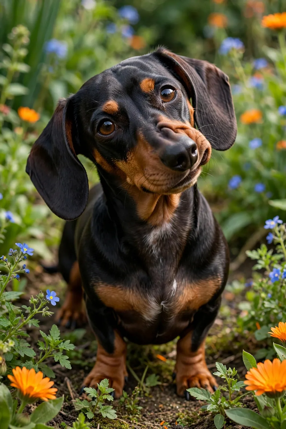 Black-and-tan dachshund with a twisted muzzle standing in a garden with blue and orange flowers