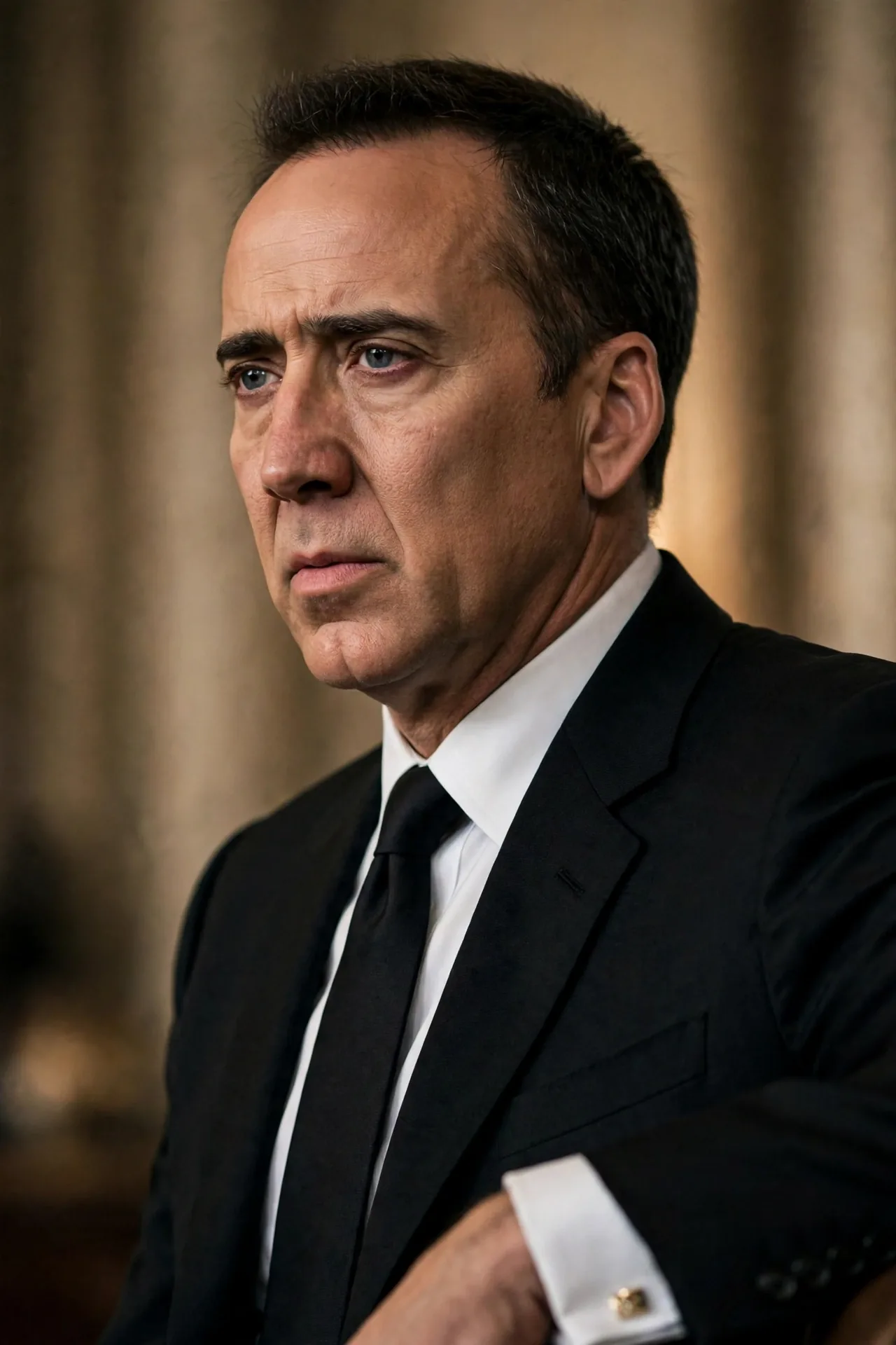 Nicolas Cage in a dark suit with a serious sideways glance, in a Face/Off style film still