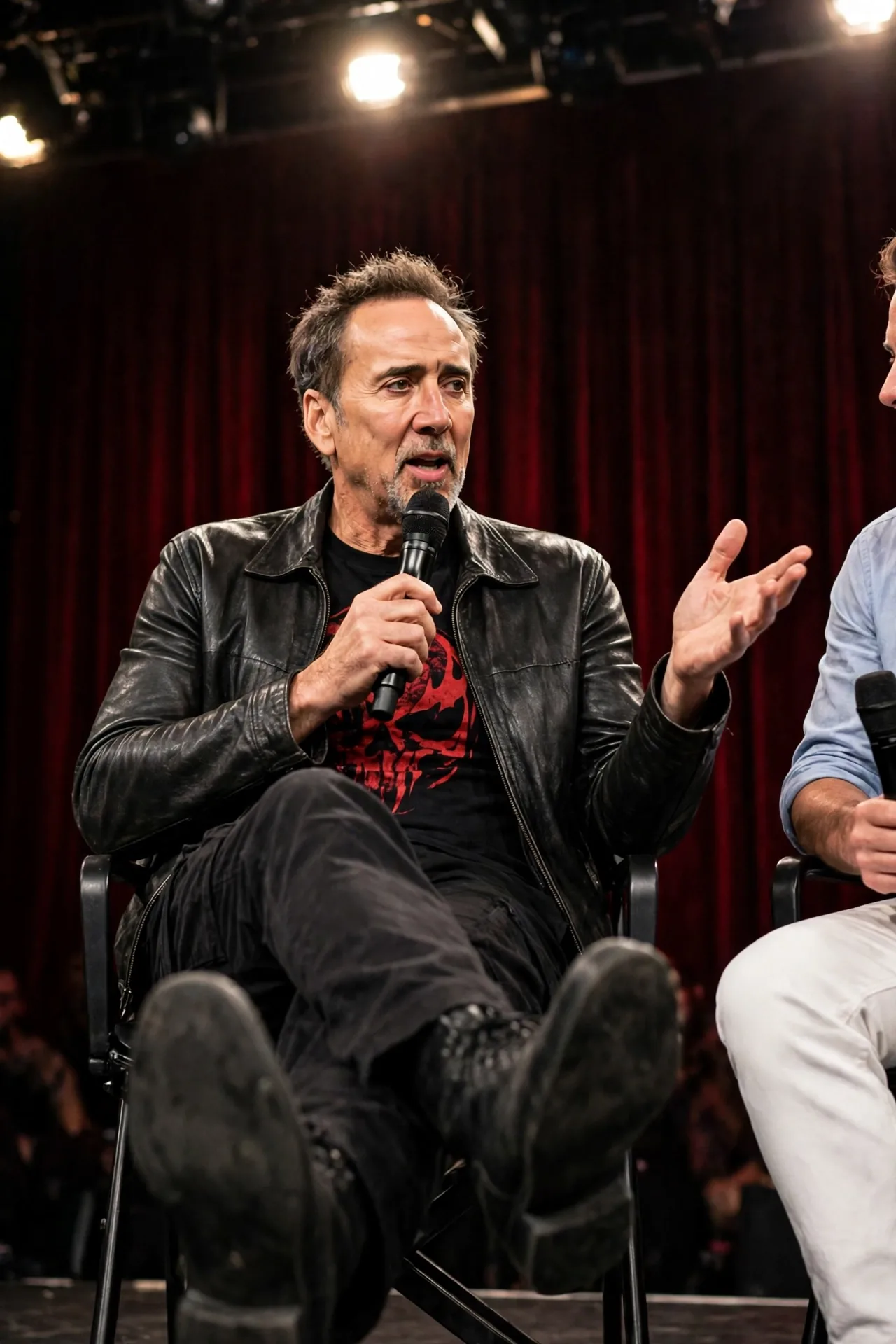Nicolas Cage seated onstage holding a microphone, speaking at New York Comic Con