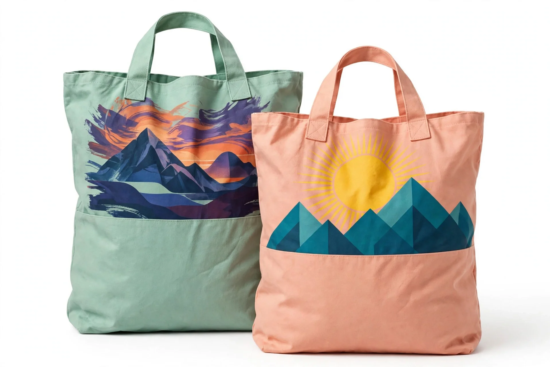 Two tote-style laundry bags with mountain and sun prints, one mint-green and one peach-pink