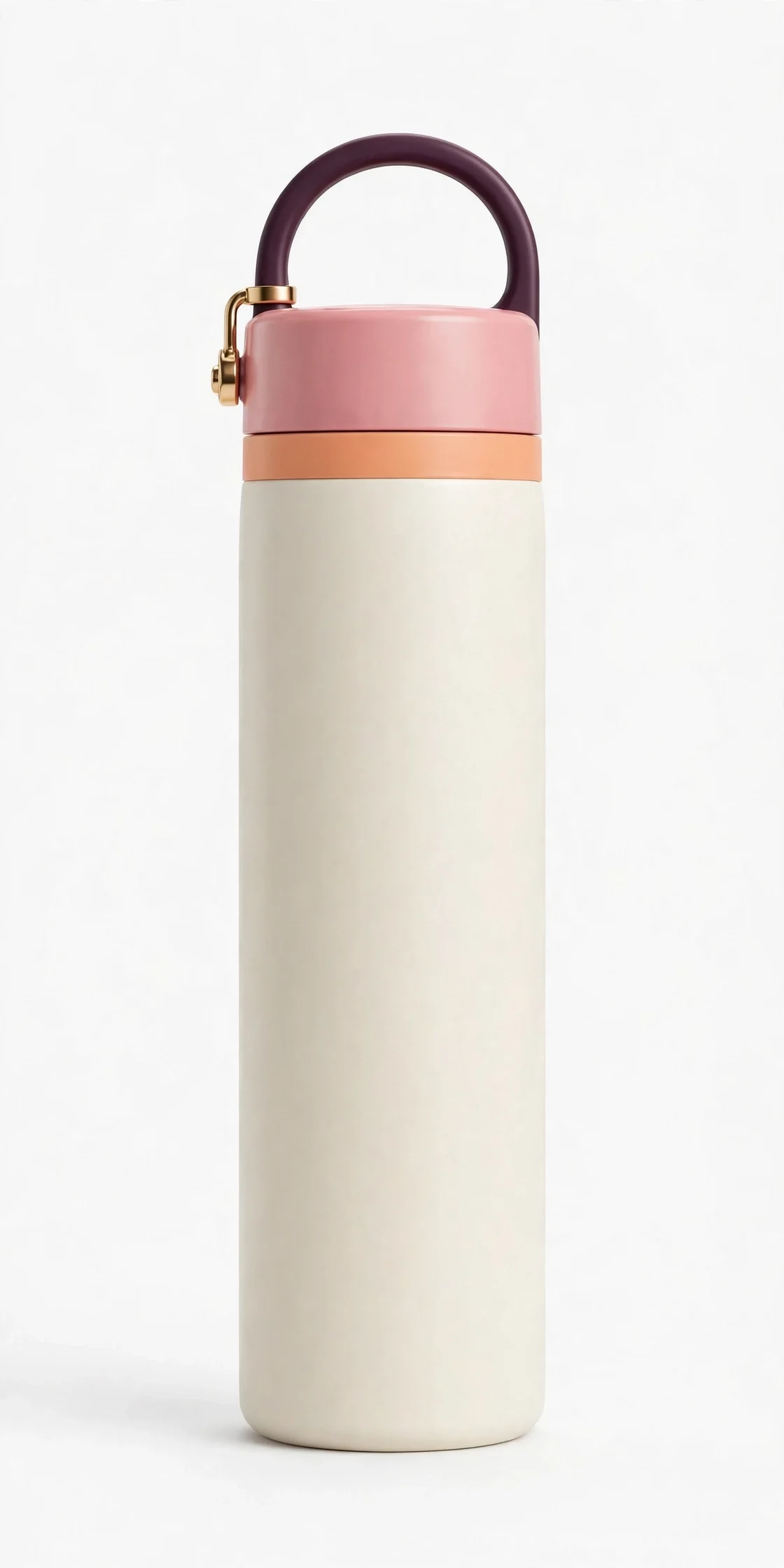 Tall slim insulated water bottle with an off-white body, pink lid, dark plum loop handle and peach band