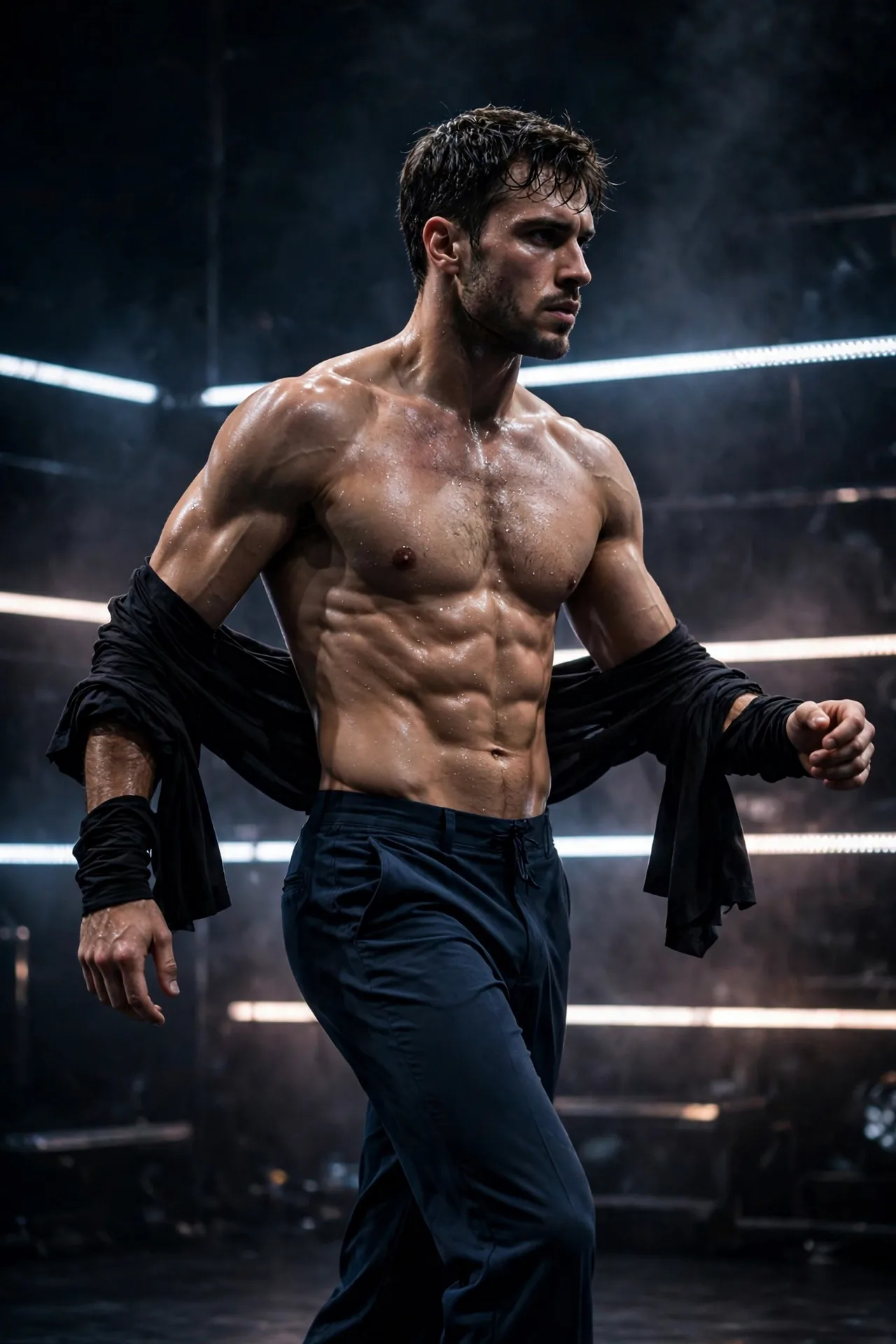 Pasha Pashkov shirtless on a dark stage in dance trousers