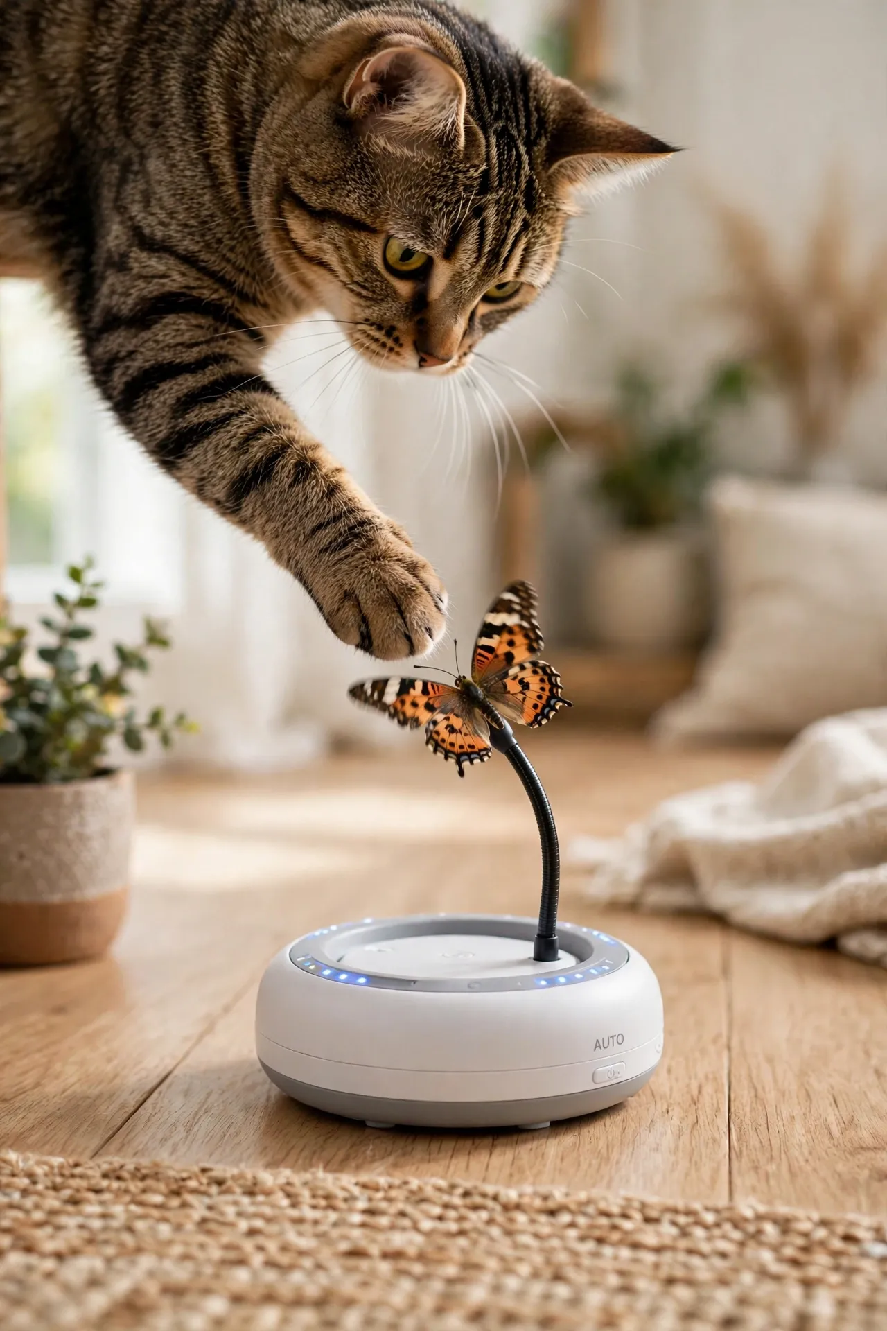 Cat playing with a rechargeable automatic interactive cat toy