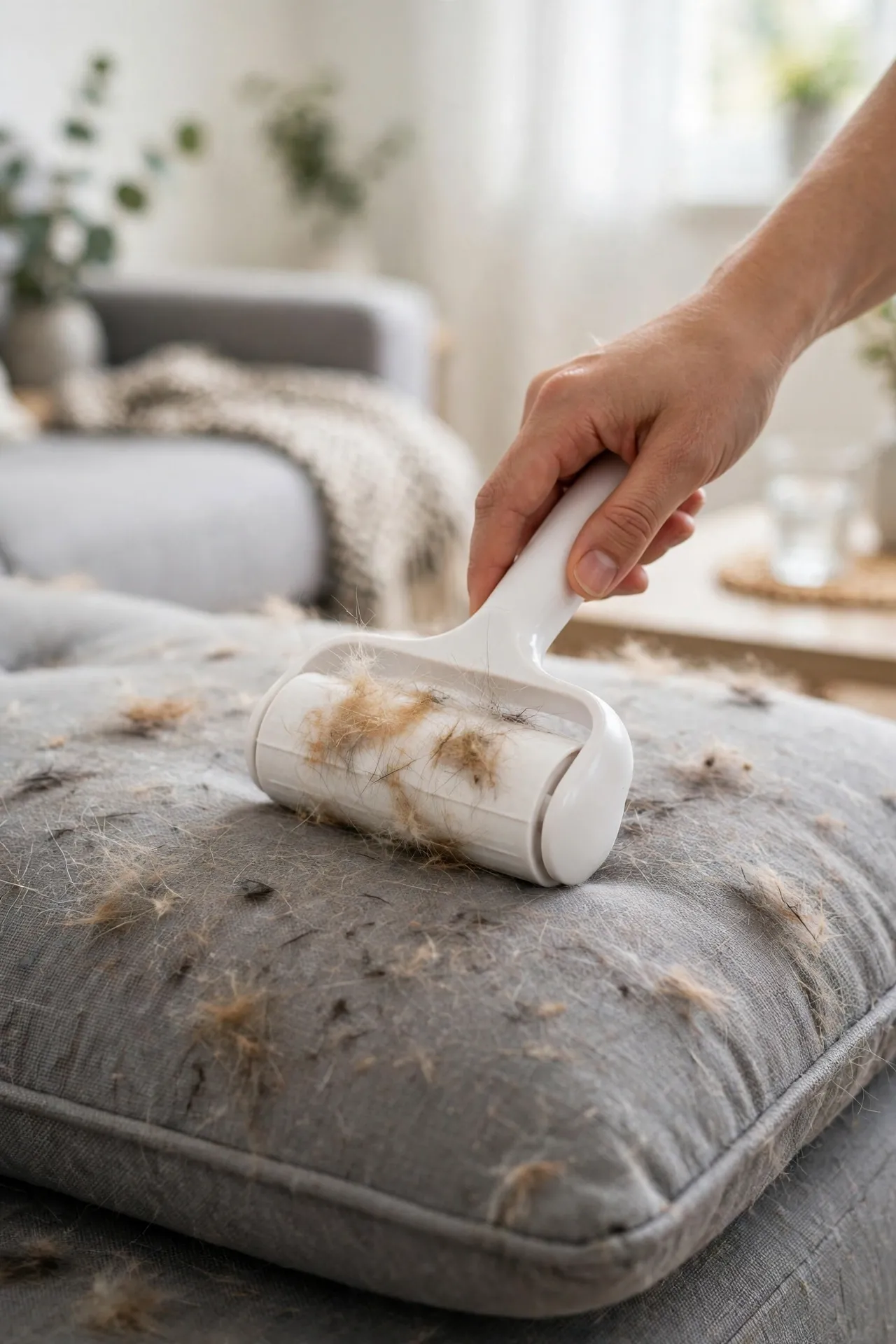Hand using a ChomChom Roller to remove pet hair from a sofa
