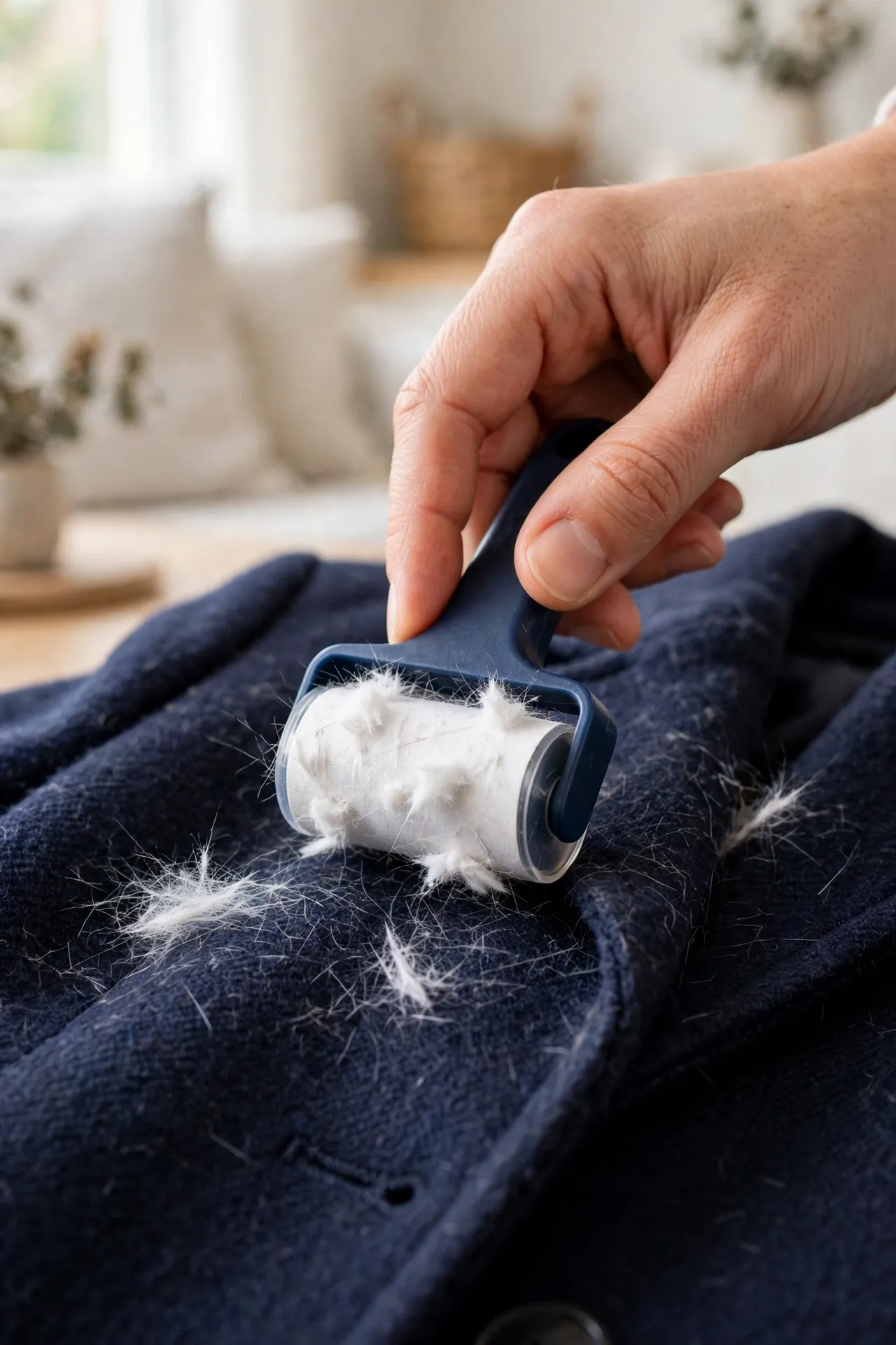Hand removing pet fur from a coat with a mini travel lint roller