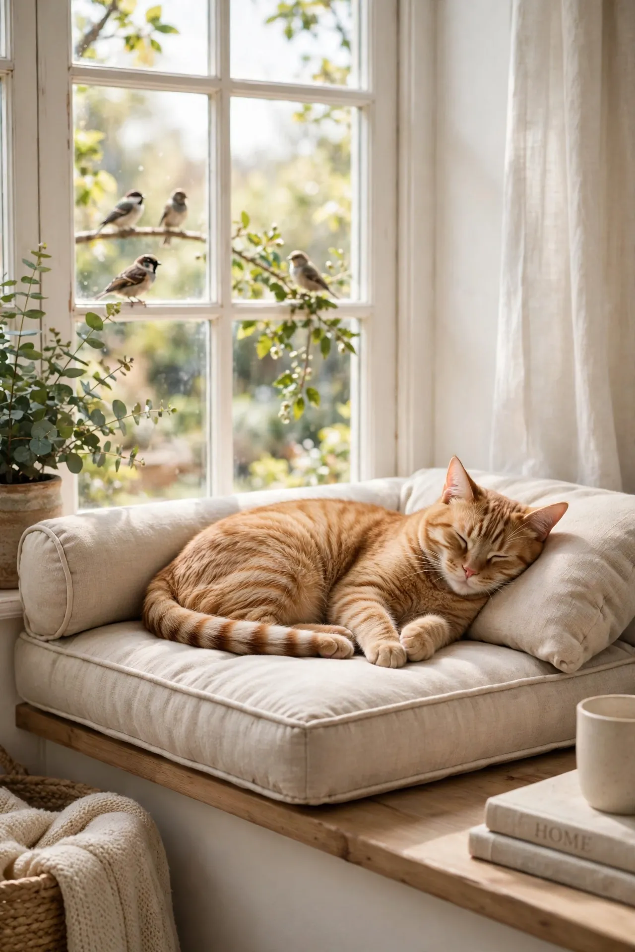 Cat lounging on a window sill perch with a bolster cushion