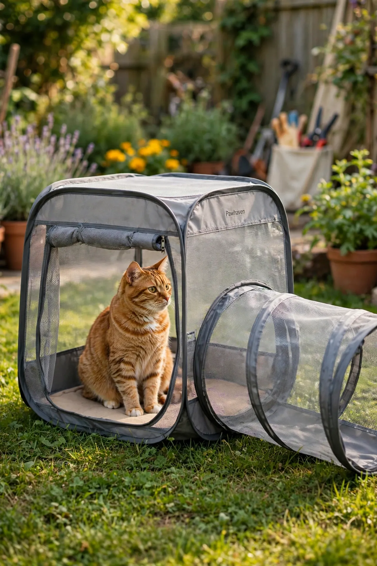 Cat inside a mesh outdoor play tent on the grass