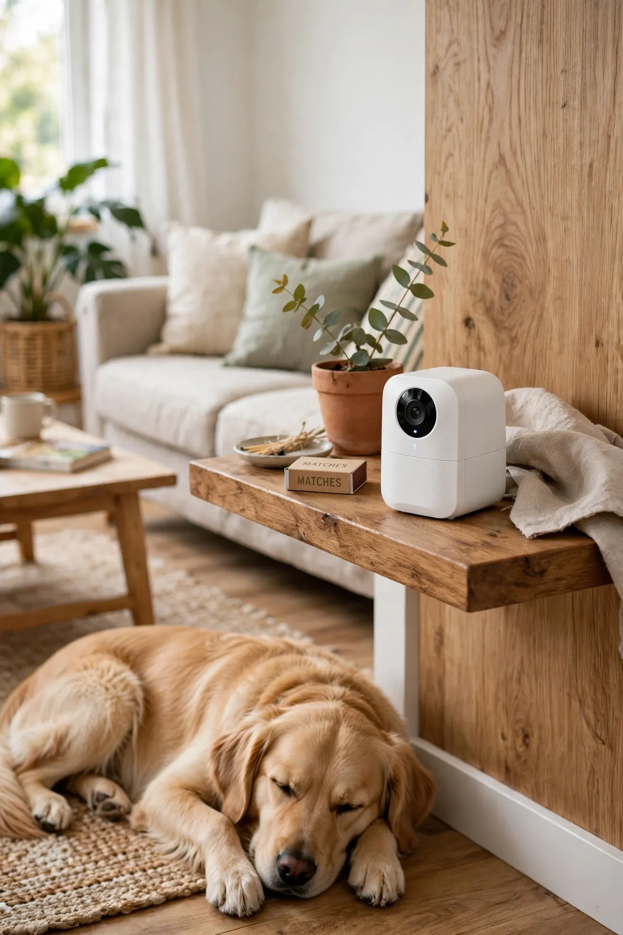 Compact indoor camera on a shelf with a dog resting nearby