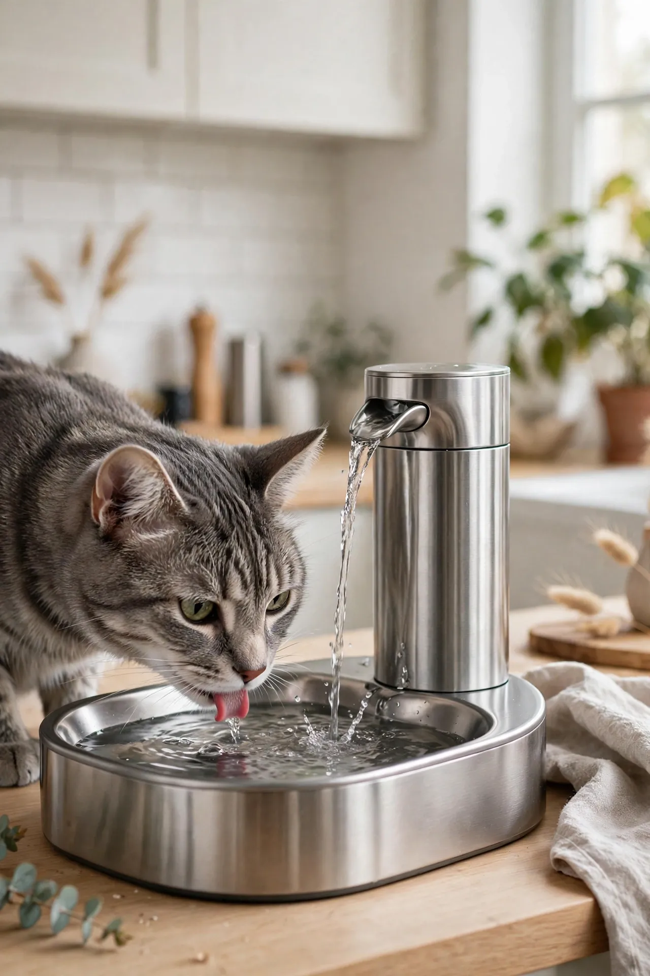 Cat drinking from a stainless steel pet water fountain