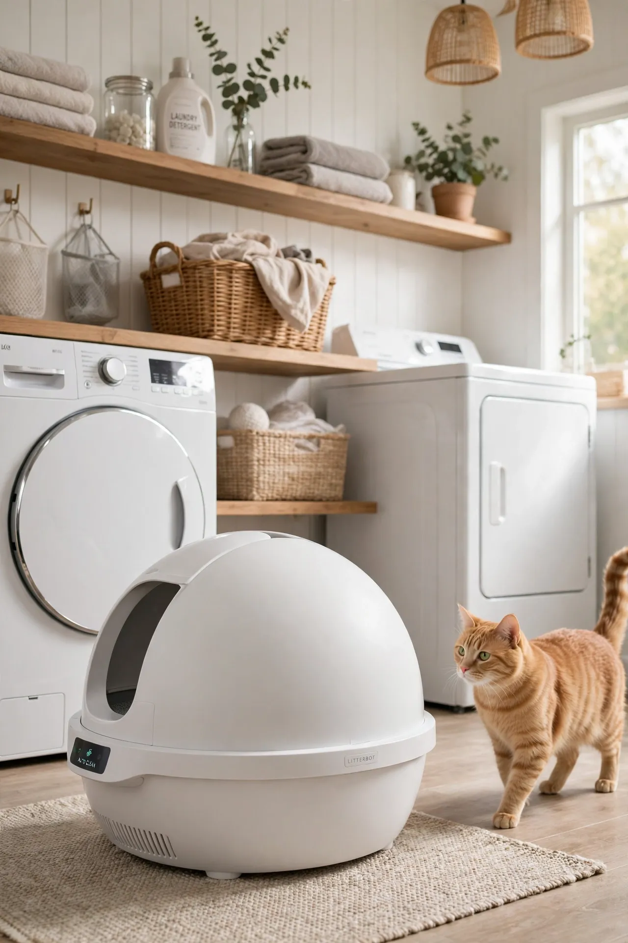 Modern automatic self-cleaning litter box in a bright room